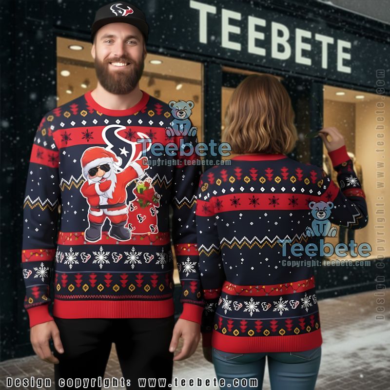 Houston Texans Dabbing Santa Claus Ugly Christmas Sweater Funny Black Red