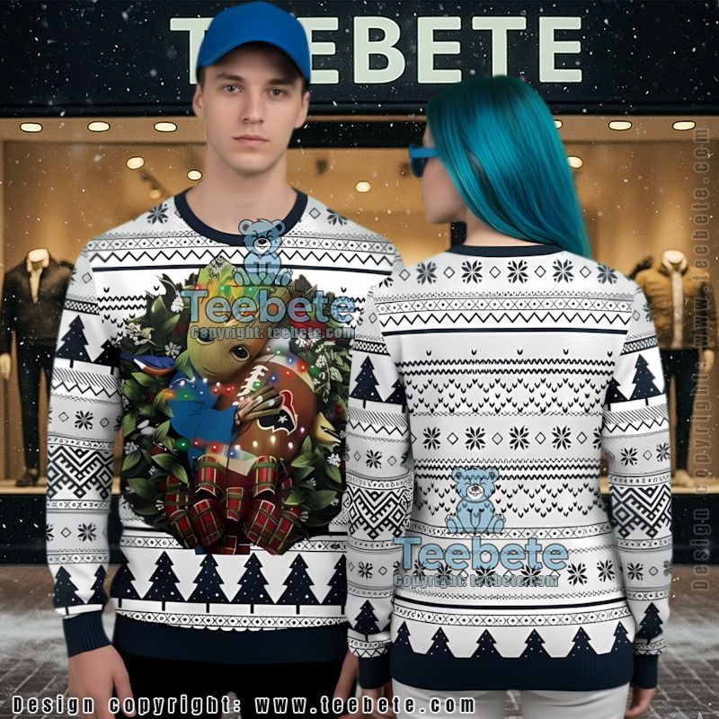 Houston Texans Groot Hug Christmas Wreath Ugly Christmas Sweater Naughty White