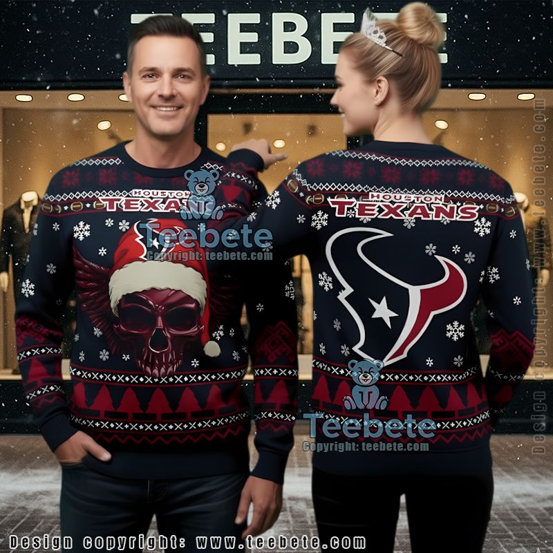 Houston Texans Santa Golden Skull Ugly Christmas Sweater Red Houston Texans Santa Golden Skull Ugly Christmas Sweater Red