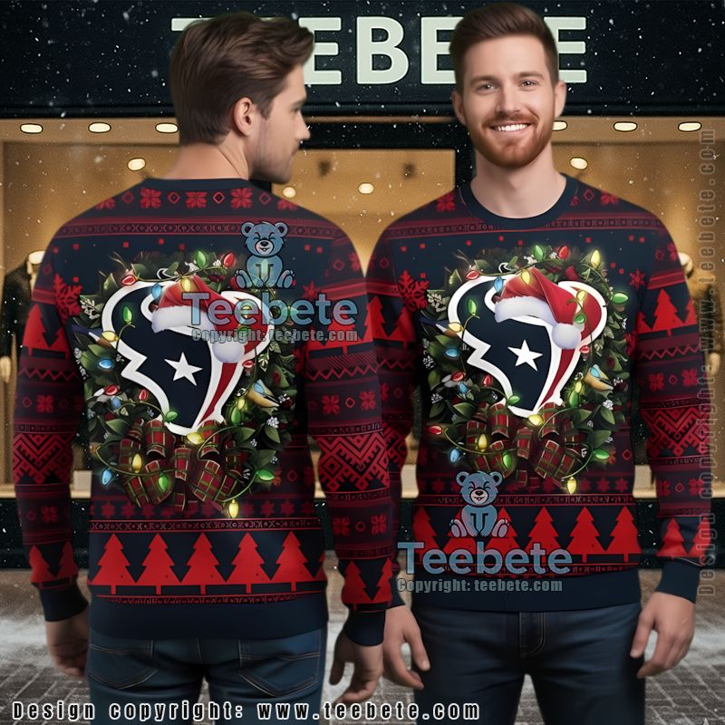 Houston Texans Santaa Christmas Wreath Ugly Christmas Sweater Black Red