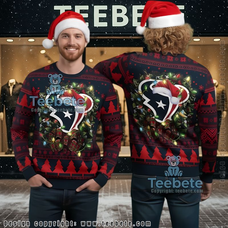 Houston Texans Santaa Christmas Wreath Ugly Christmas Sweater Black Red Houston Texans Santaa Christmas Wreath Ugly Christmas Sweater Black Red
