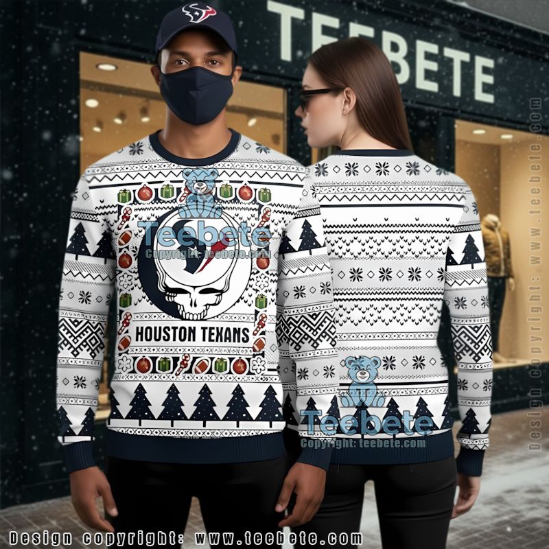 Houston Texans Skull Christmas Wreath Ugly Christmas Sweater Family White