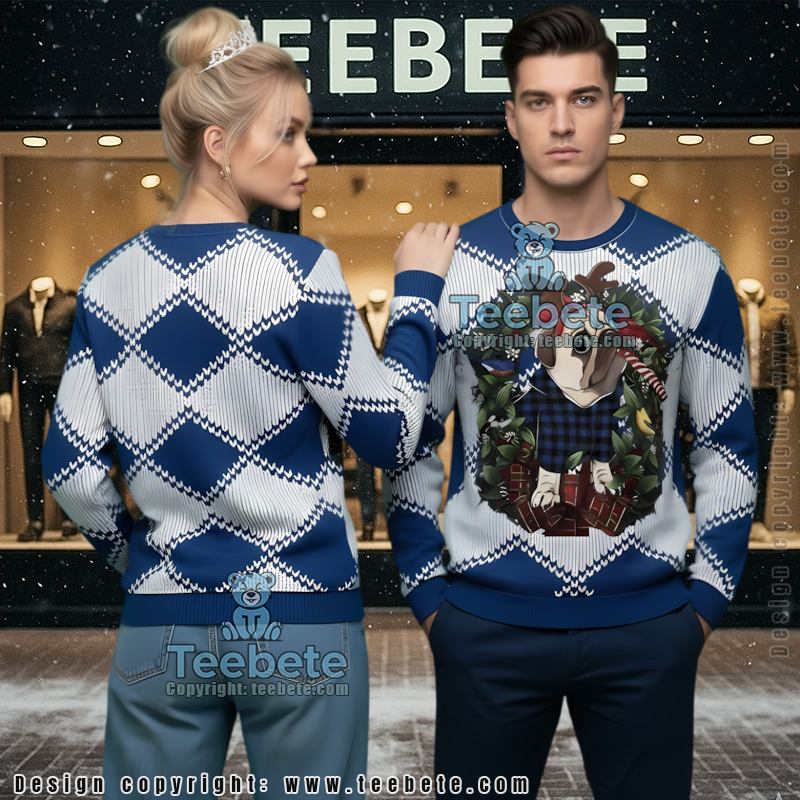 Indianapolis Colts Christmas Wreath Pug Dog Most Ugly Christmas Sweater Blue