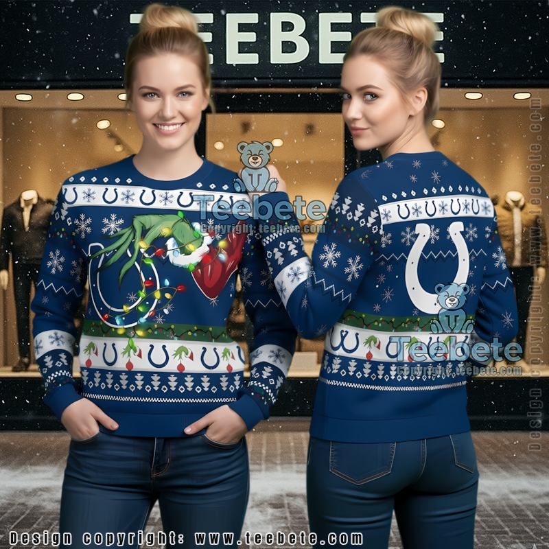 Indianapolis Colts Funny Santa Get Into Chimney Ugly Xmas Sweater Blue