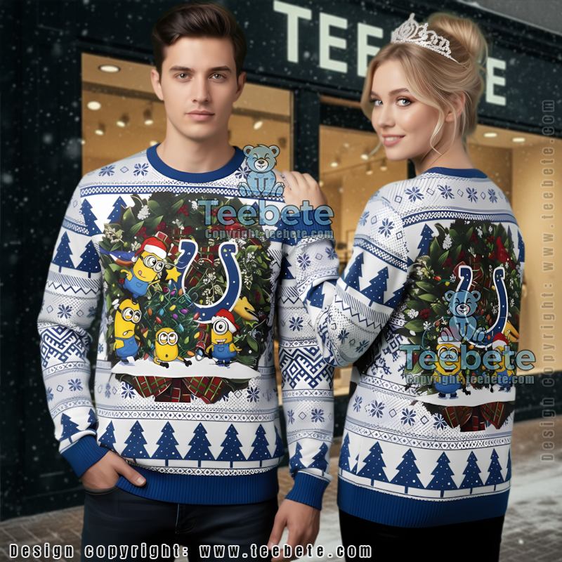 Indianapolis Colts Minion Team Xmas Wreath Ugly Christmas Sweater Adults Blue