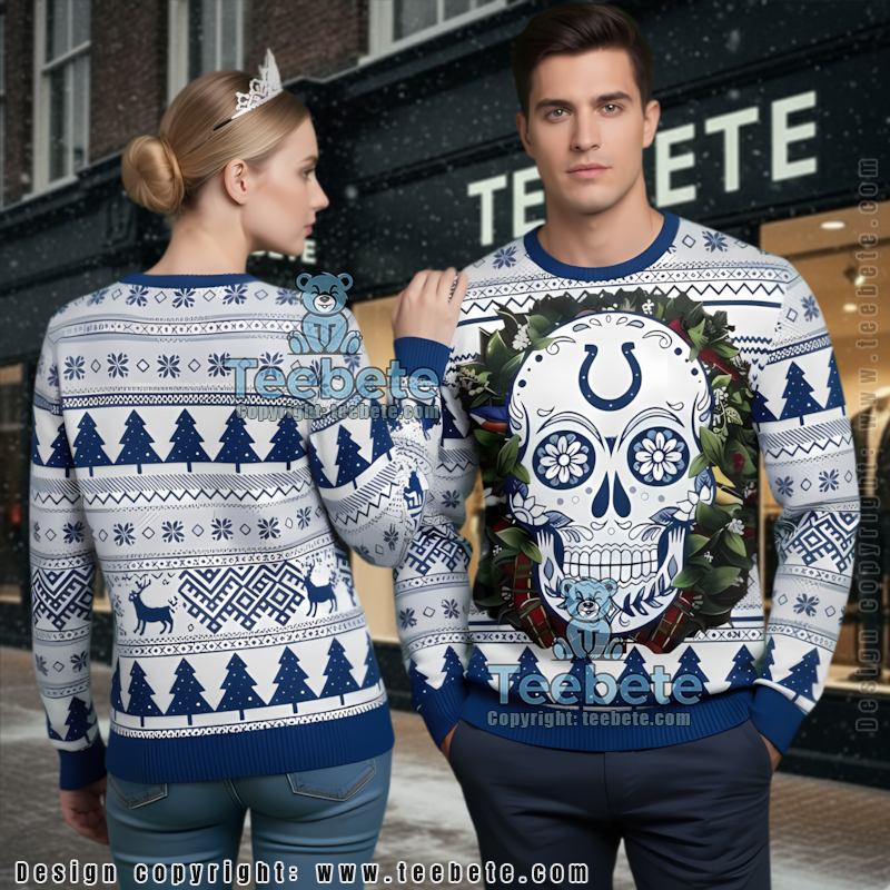 Indianapolis Colts Skull Floral Best Ugly Christmas Sweaters Blue