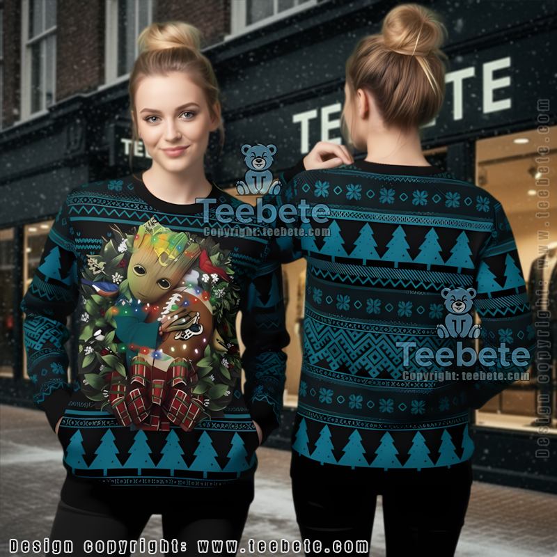 Jacksonville Jaguars Baby Groot Christmas Wreath Ugly Sweater Blue Version 2 Jacksonville Jaguars Baby Groot Christmas Wreath Ugly Sweater Blue Version 2