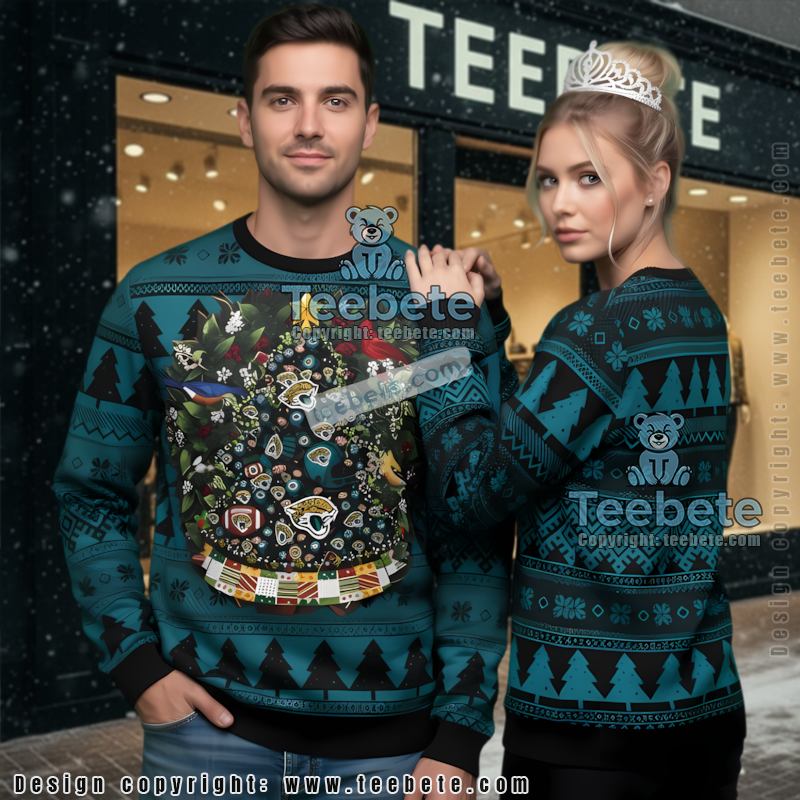 Jacksonville Jaguars Logo Christmas Tree Ugly Xmas Sweater Blue Womens