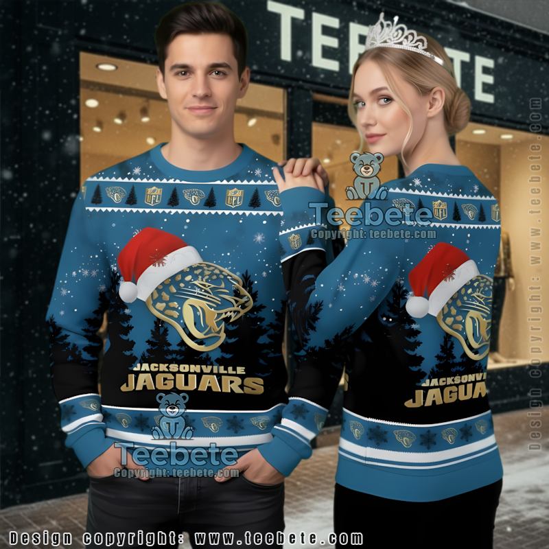 Jacksonville Jaguars Logo Santa Claus Hat Ugly Christmas Sweater Blue