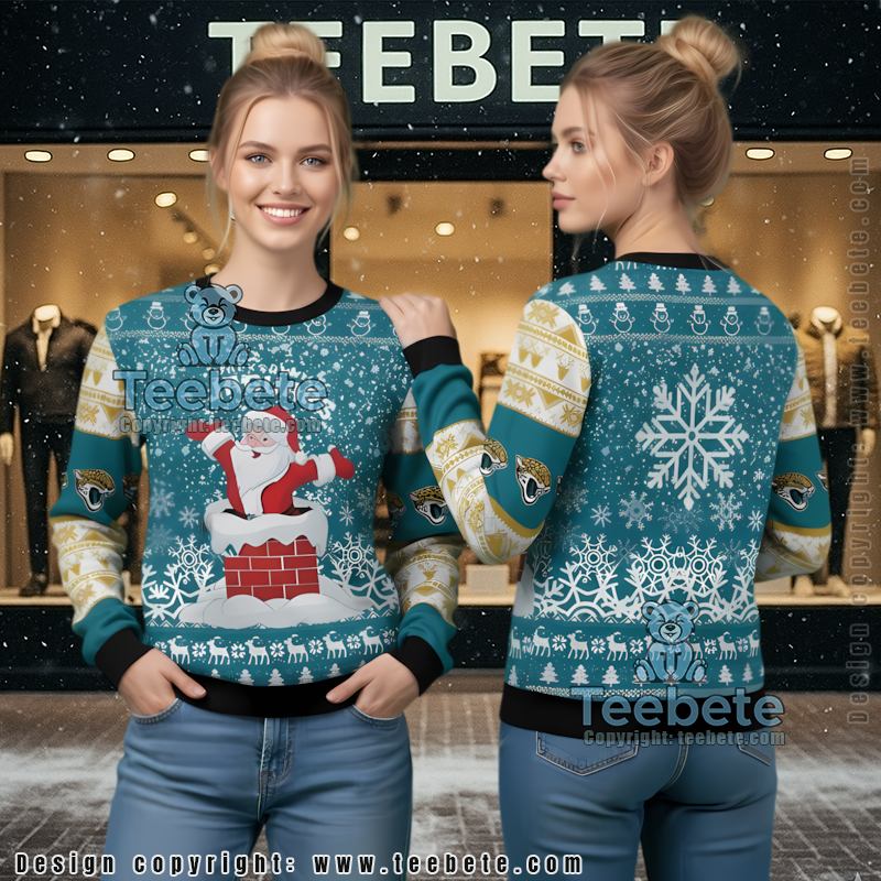 Jacksonville Jaguars Santa Claus From Chimney Ugly Christmas Sweater Blue Vacation