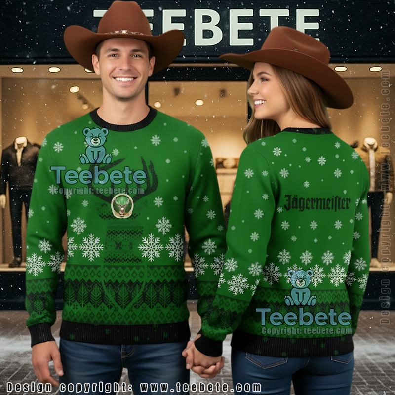 Jagermeister Ugly Christmas Sweater Reindeer Antler Green
