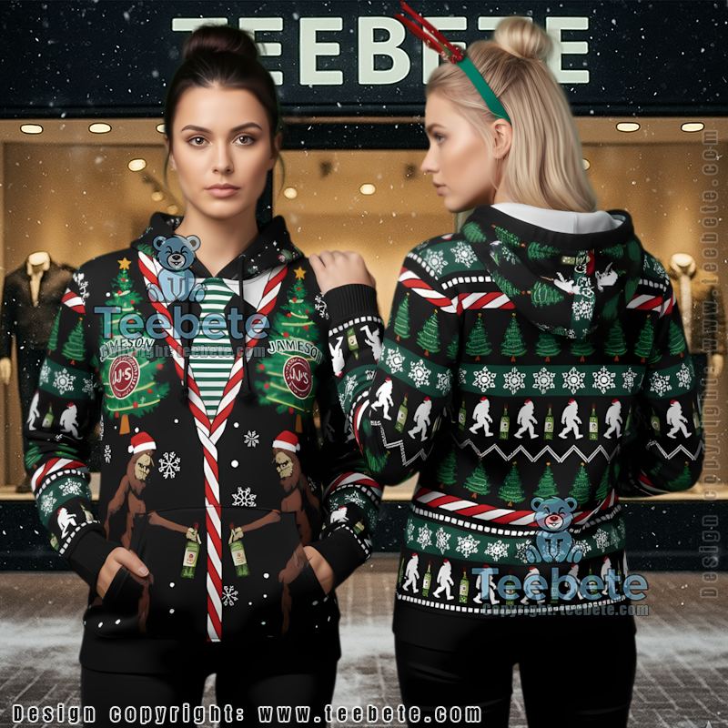 Jameson Irish Whiskey Ugly Christmas 3D Hoodie Bigfoot Tuxedo