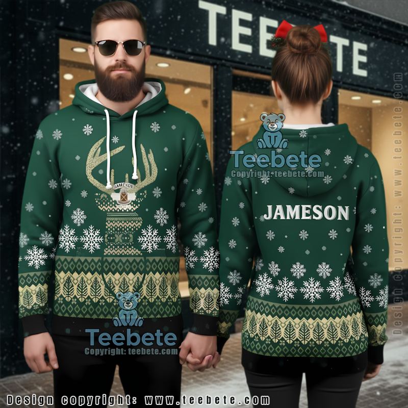 Jameson Irish Whiskey Ugly Christmas 3D Hoodie Reindeer Print