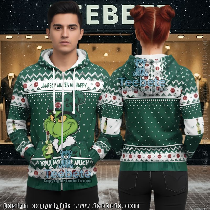 Jameson Whiskey Funny Grinch Holiday Ugly Christmas 3D Hoodie