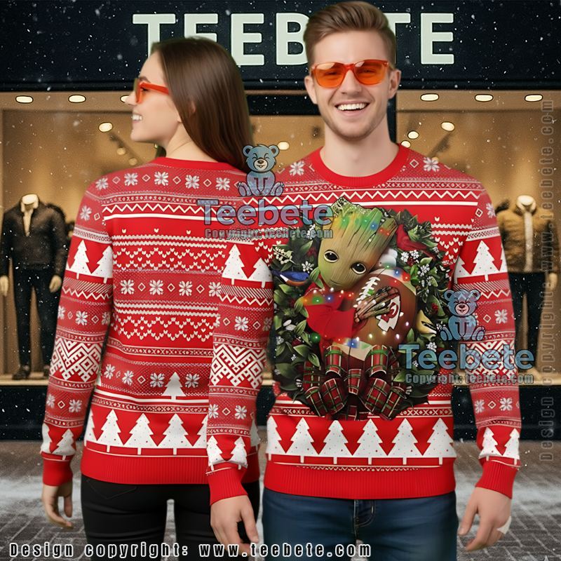 Kansas City Chiefs Baby Groot Wreath Ugly Christmas Sweater Red Cool