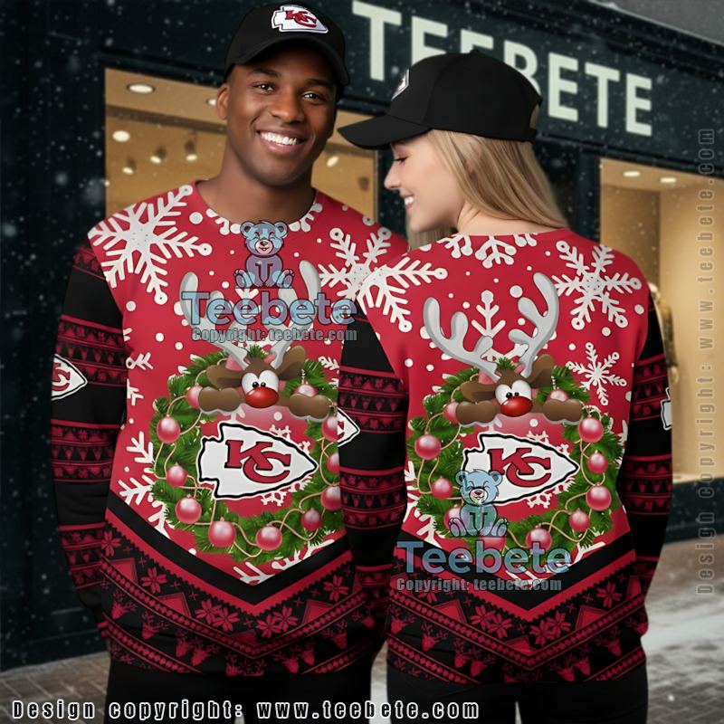 Kansas City Chiefs Baby Reindeer Wreath Ugly Sweater Red Naughty