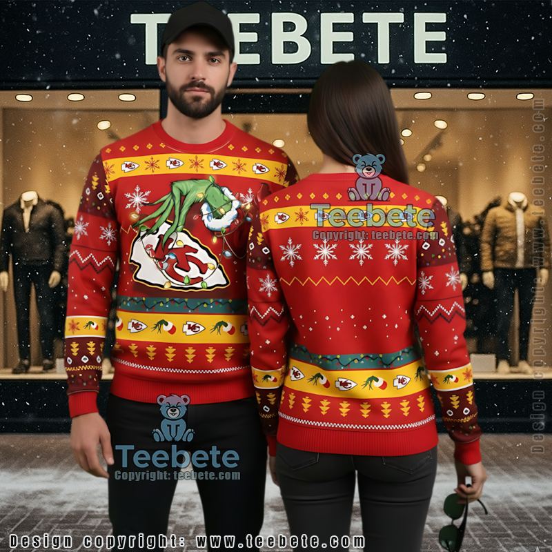 Kansas City Chiefs Grinch Hand Hold Logo Ugly Sweaters For Couples Red