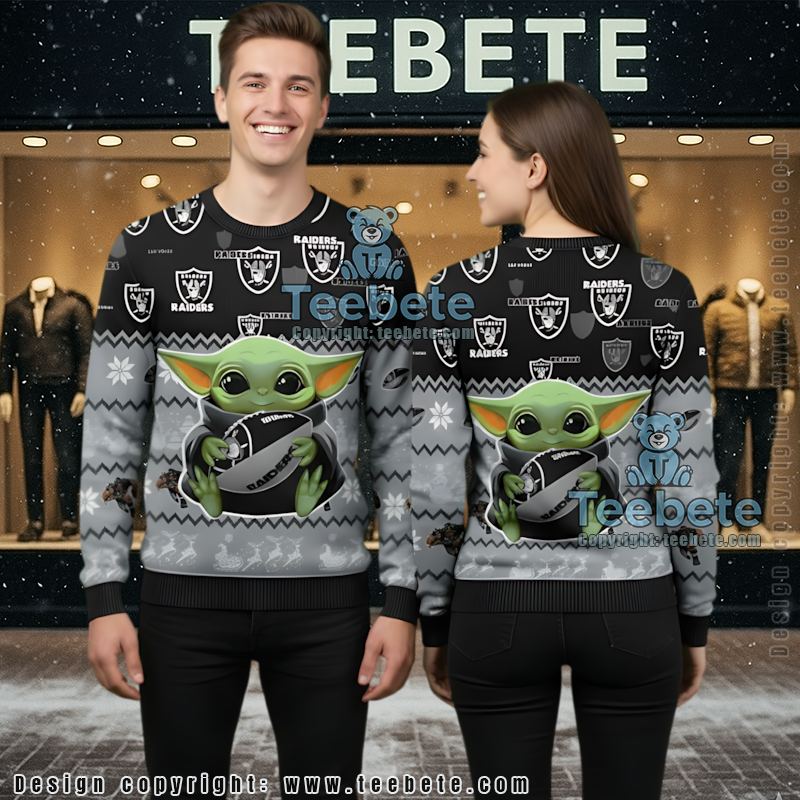 Las Vegas Raiders Baby Yoda Star Wars Cute Ugly Christmas Sweater Grey