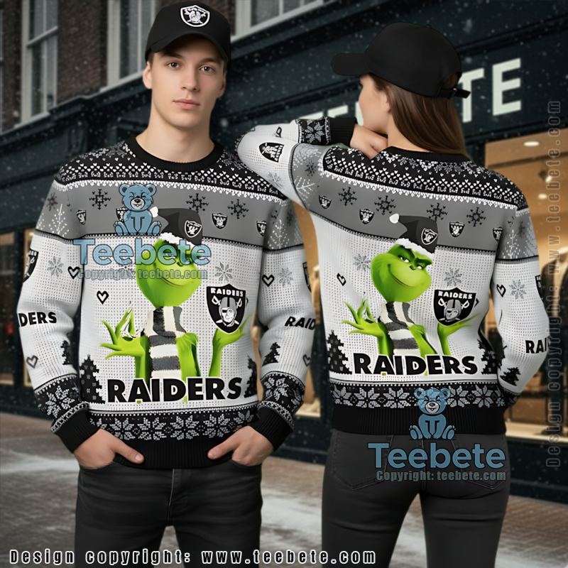 Las Vegas Raiders Grinch Candy Ugly Christmas Sweater White Grey Big And Tall