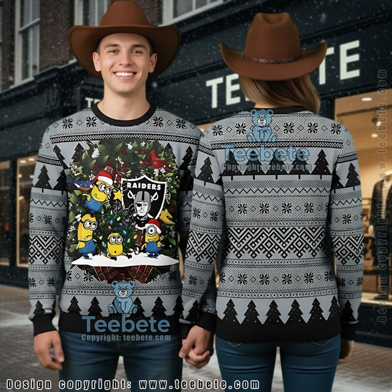 Las Vegas Raiders Minion Wreath Ugly Christmas Sweater Ladies Grey