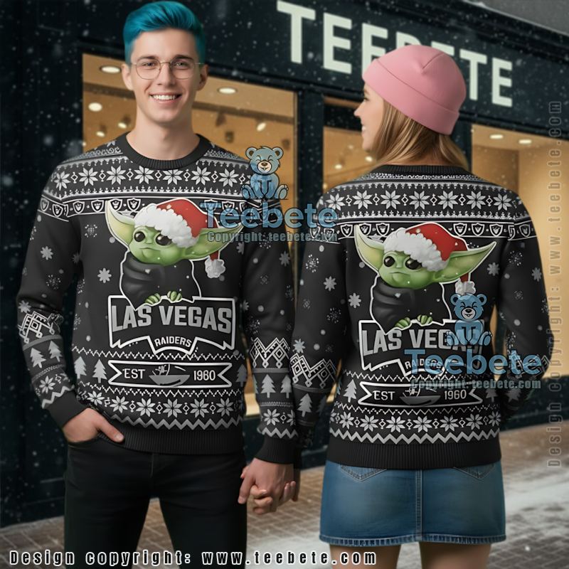 Las Vegas Raiders Santa Hat Baby Yoda Best Christmas Ugly Sweaters Black