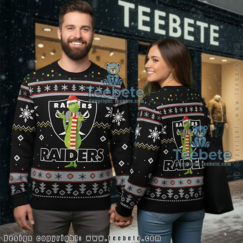 Las Vegas Raiders Santa Hat Grinch Ugly Christmas Sweater Black
