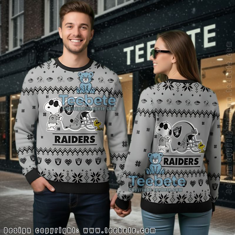 Las Vegas Raiders Snoopy Woodstock Ugly Christmas Sweatshirt Grey