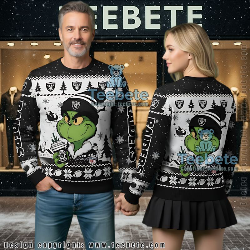 Las Vegas Raiders The Grinch Ugly Christmas Sweater Most Black White