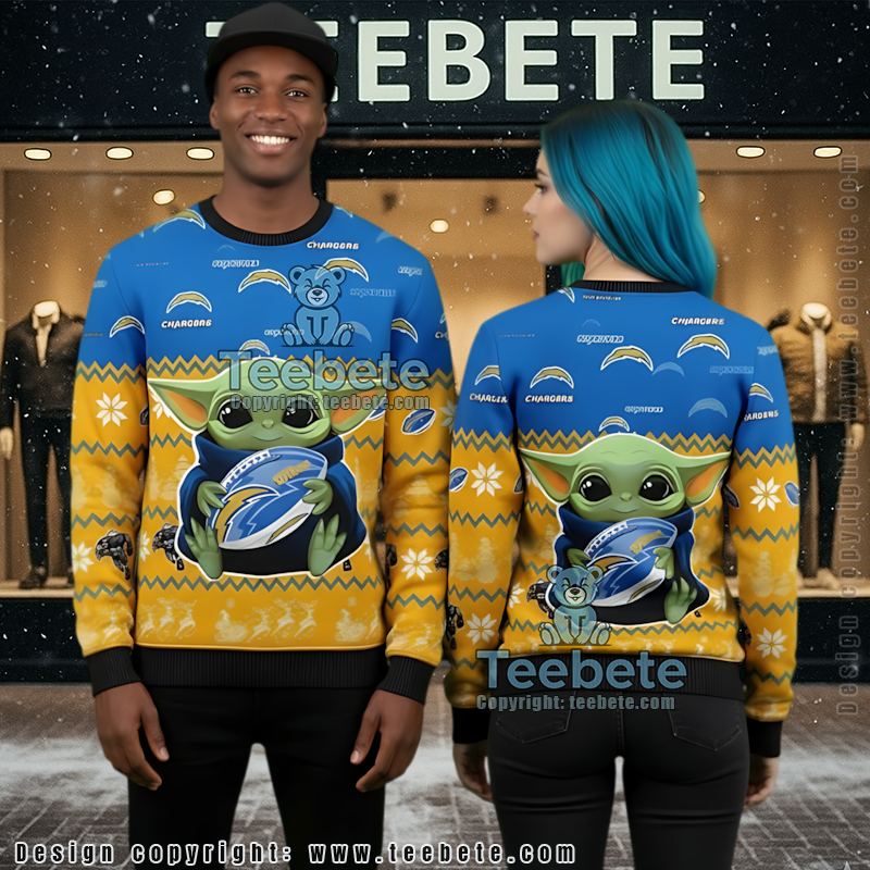 Los Angeles Chargers Baby Yoda Star Wars Ugly Holiday Sweater Blue Yellow