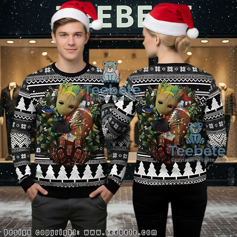 Los Angeles Chargers Groot Hug Wreath Ugly Christmas Sweater Black Cool