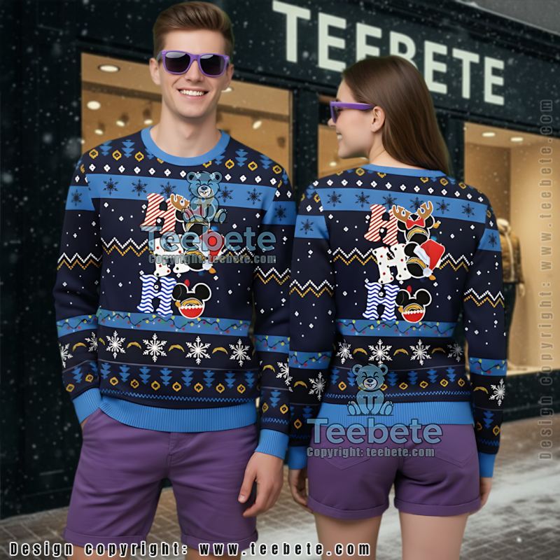 Los Angeles Chargers Hohoho Mickey Mouse Ugly Christmas Sweatshirt Womens Blue