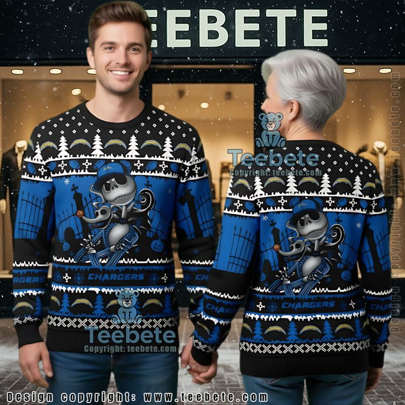 Los Angeles Chargers Jack Skellington Zero Christmas Vacation Ugly Sweater Blue Black