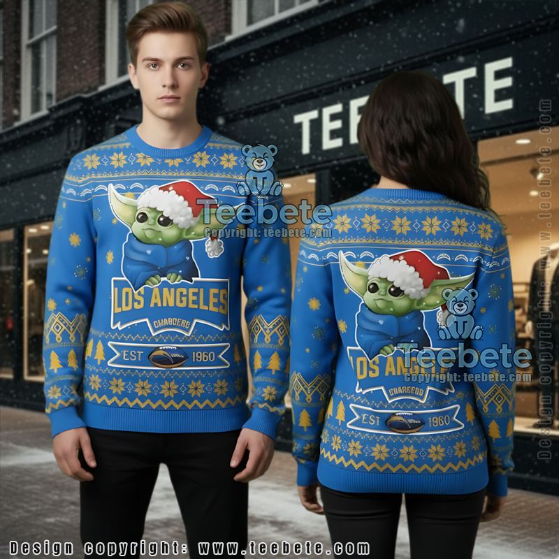 Los Angeles Chargers Santa Hat Baby Yoda Star Wars Mens Ugly Christmas Sweater Blue