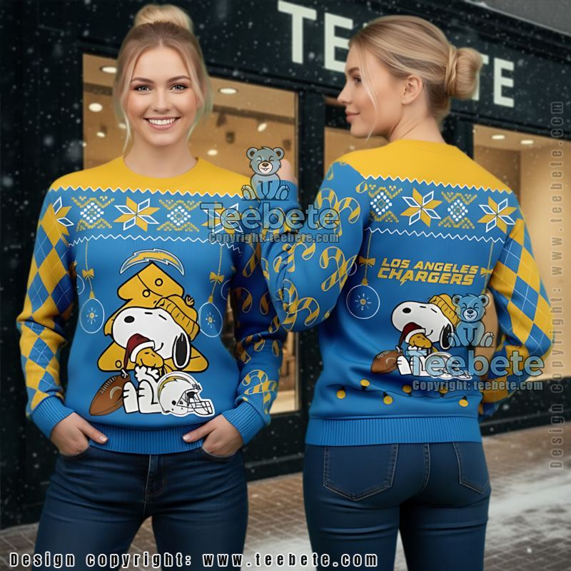 Los Angeles Chargers Snoopy Woodstock Christmas Vacation Ugly Sweater Blue Yellow
