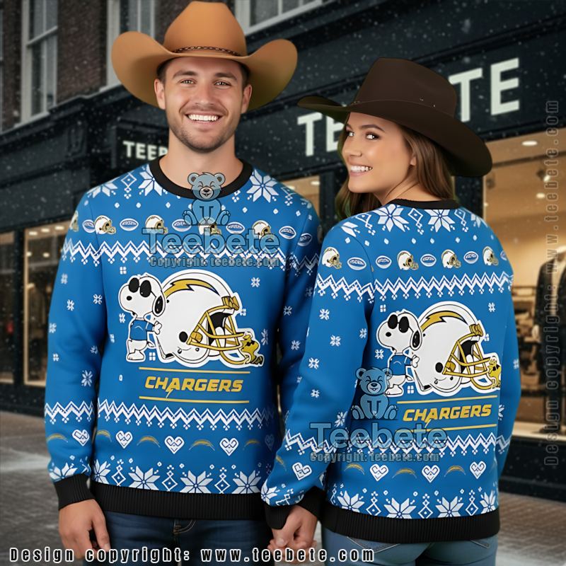 Los Angeles Chargers Snoopy Woodstock Womens Ugly Xmas Sweater Blue Yellow