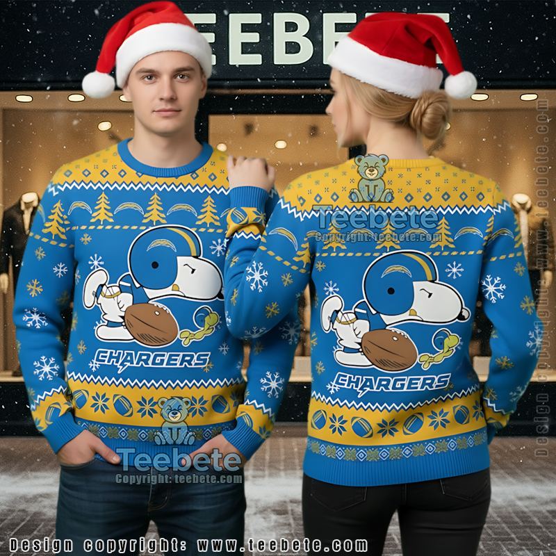 Los Angeles Chargers Snoopy Woodstock Womens Ugly Xmas Sweater Blue Yellow