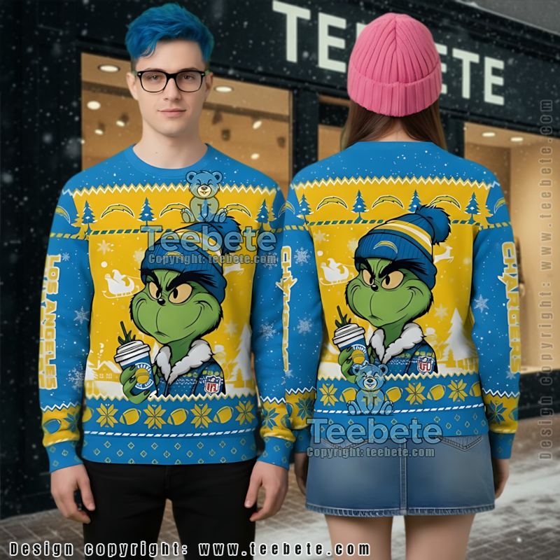 Los Angeles Chargers The Grinch Ugly Holiday Sweater Blue Yellow