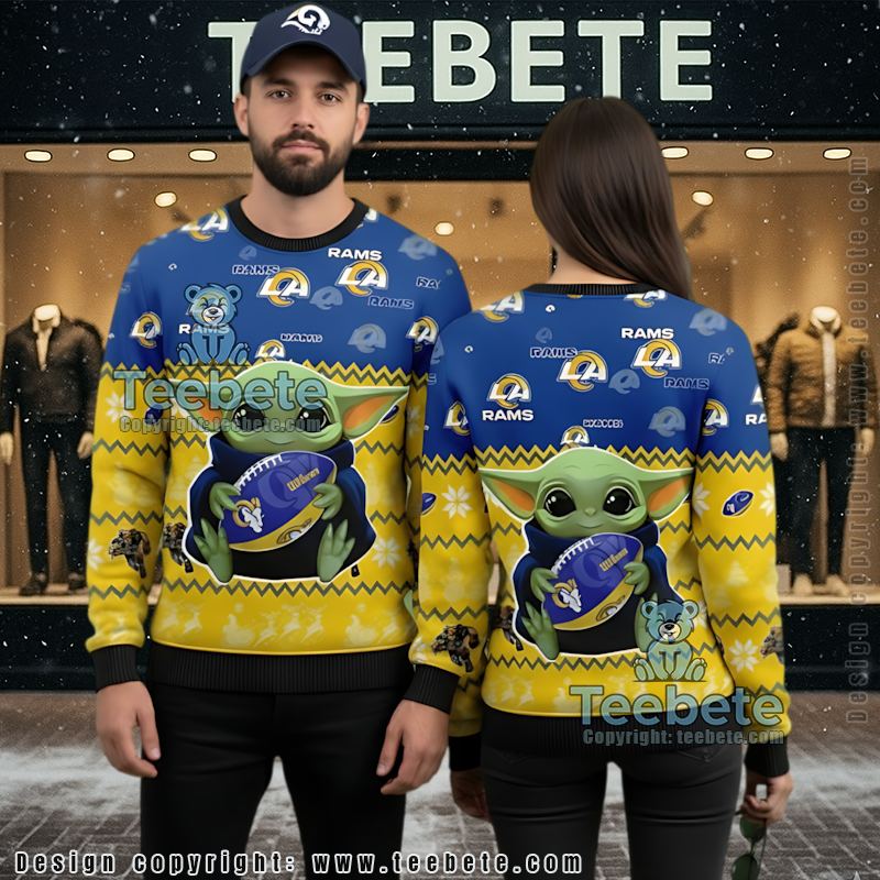 Los Angeles Rams Baby Yoda Star Wars Ugly Xmas Sweater Party Blue Yellow