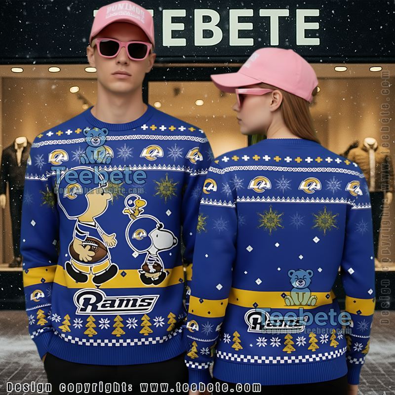 Los Angeles Rams Charlie Brown Woodstock Snoopy Cute Ugly Christmas Sweater Blue