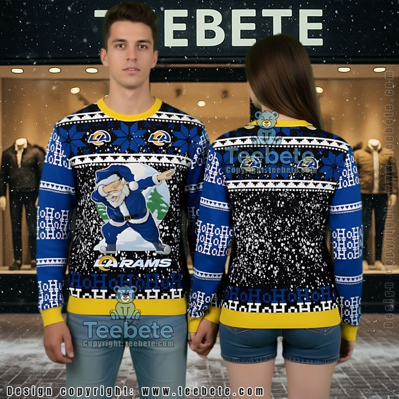 Los Angeles Rams Santa Claus Snowman Christmas Ugly Sweater Blue Vacation Los Angeles Rams Santa Claus Snowman Christmas Ugly Sweater Blue Vacation