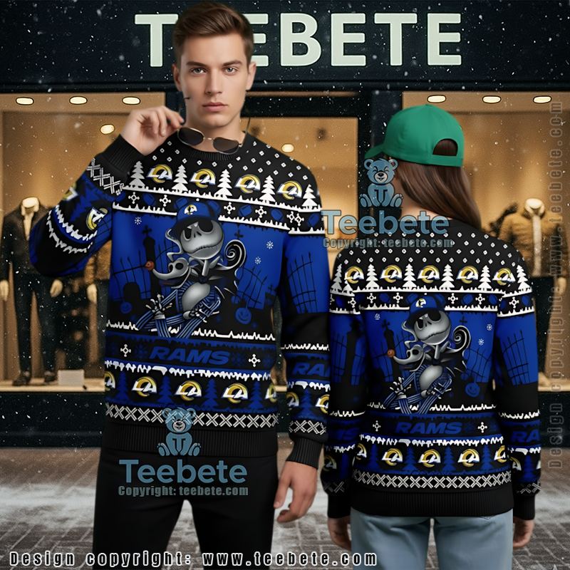Los Angeles Rams Jack Skellington Zero Ugly Christmas Sweatshirt Blue Black