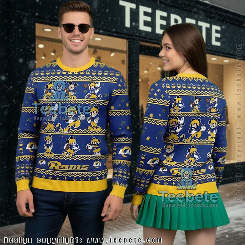 Los Angeles Rams Mickey Mouse Ugly Christmas Sweater Mens Blue Yellow