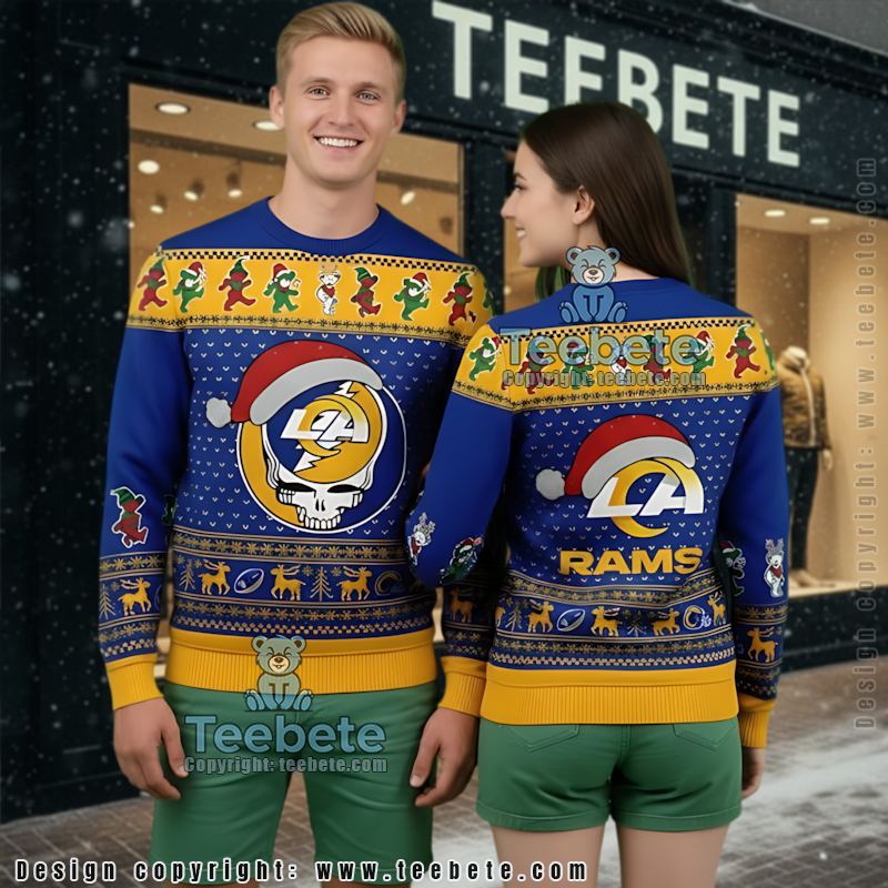 Los Angeles Rams Santa Hat Grateful Dead Ugly Christmas Sweater Plus Size Yellow Blue