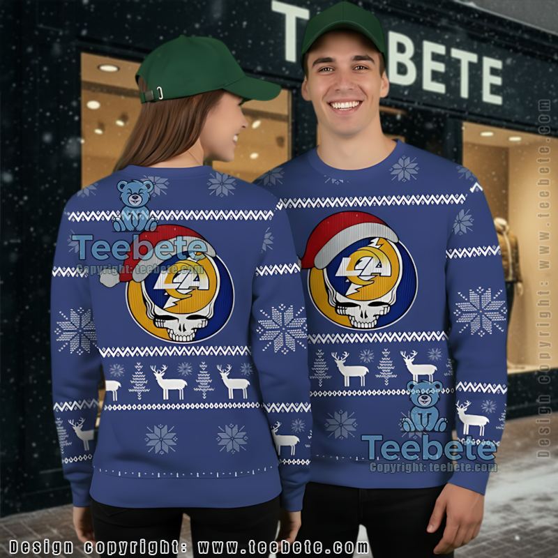 Los Angeles Rams Santa Hat Skull Ladies Ugly Christmas Sweater Blue