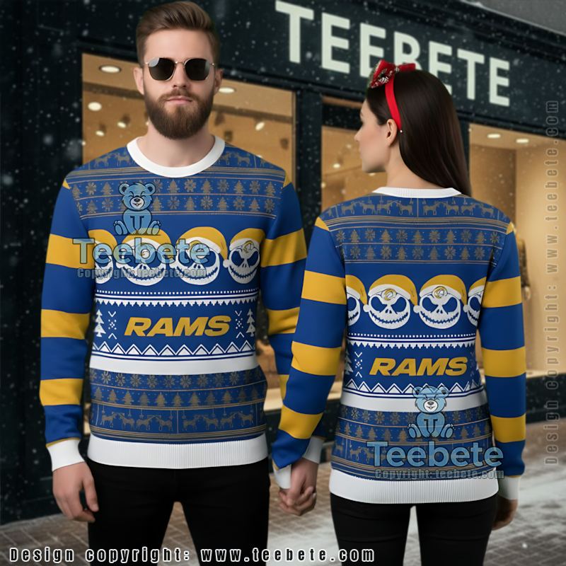 Los Angeles Rams Santa Skull Ugly Christmas Sweater Plus Size Yellow Blue