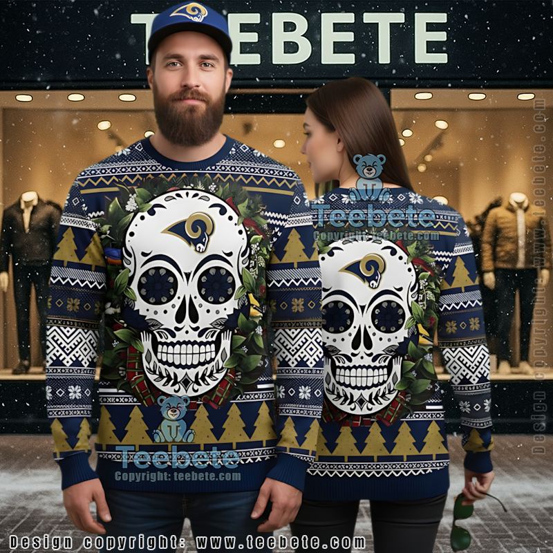 Los Angeles Rams Skull Flower Couples Ugly Christmas Sweaters Blue