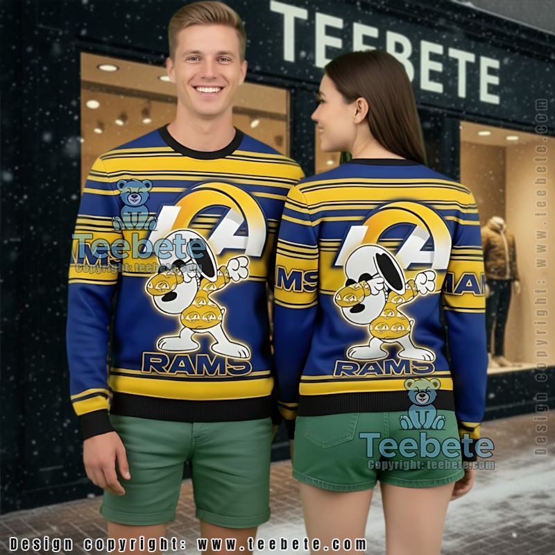 Los Angeles Rams Snoopy Ugly Christmas Sweater Mens Blue Yellow