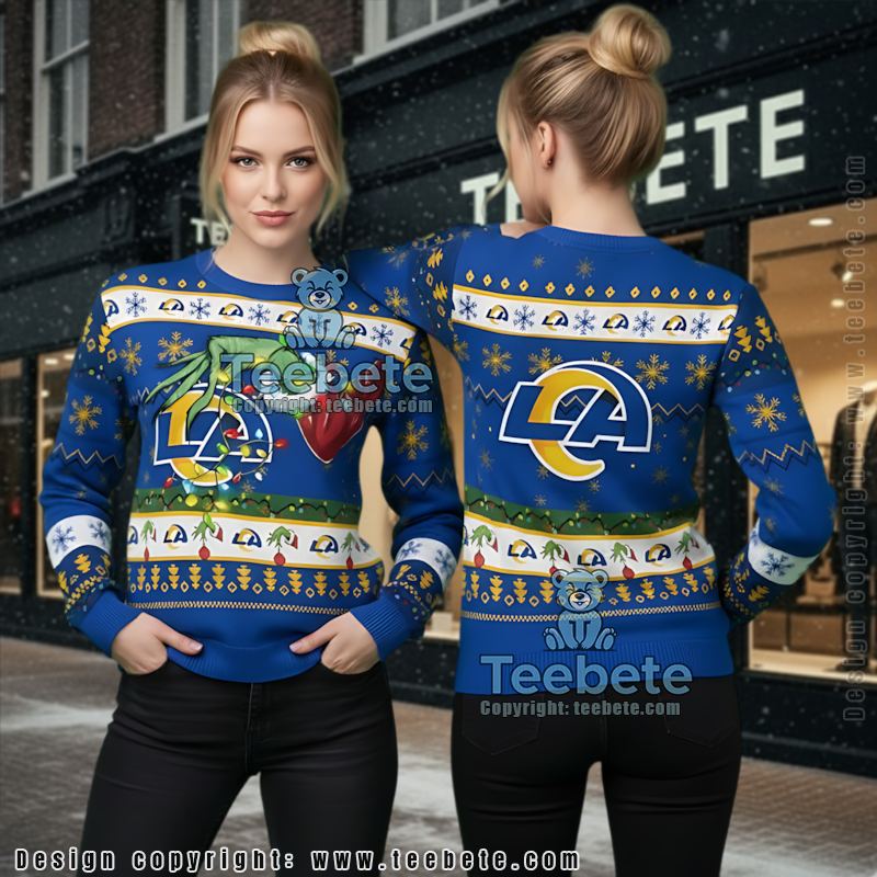 Los Angeles Rams The Grinch Hand Ugly Xmas Sweater Blue