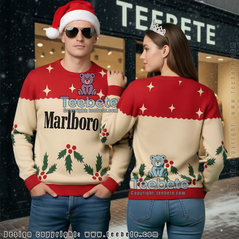 Marlboro Ugly Christmas Sweater Red Cherry Holly Berry