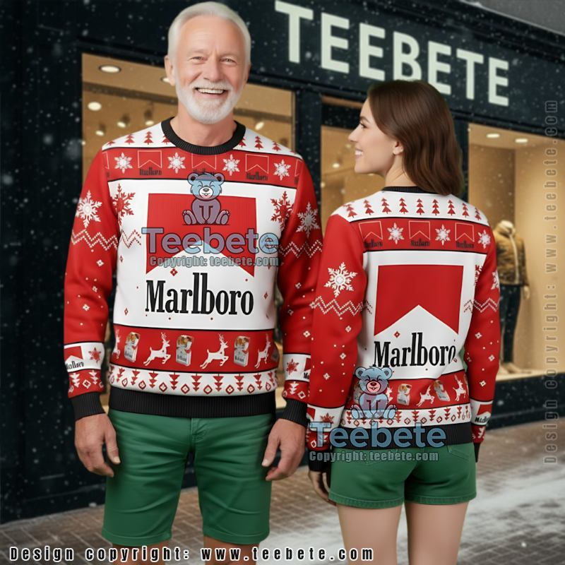 Marlboro Ugly Christmas Sweater Snowflake Reindeer Cigarette Xmas Top